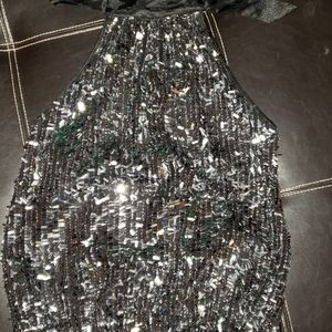 Shiny silver and black top